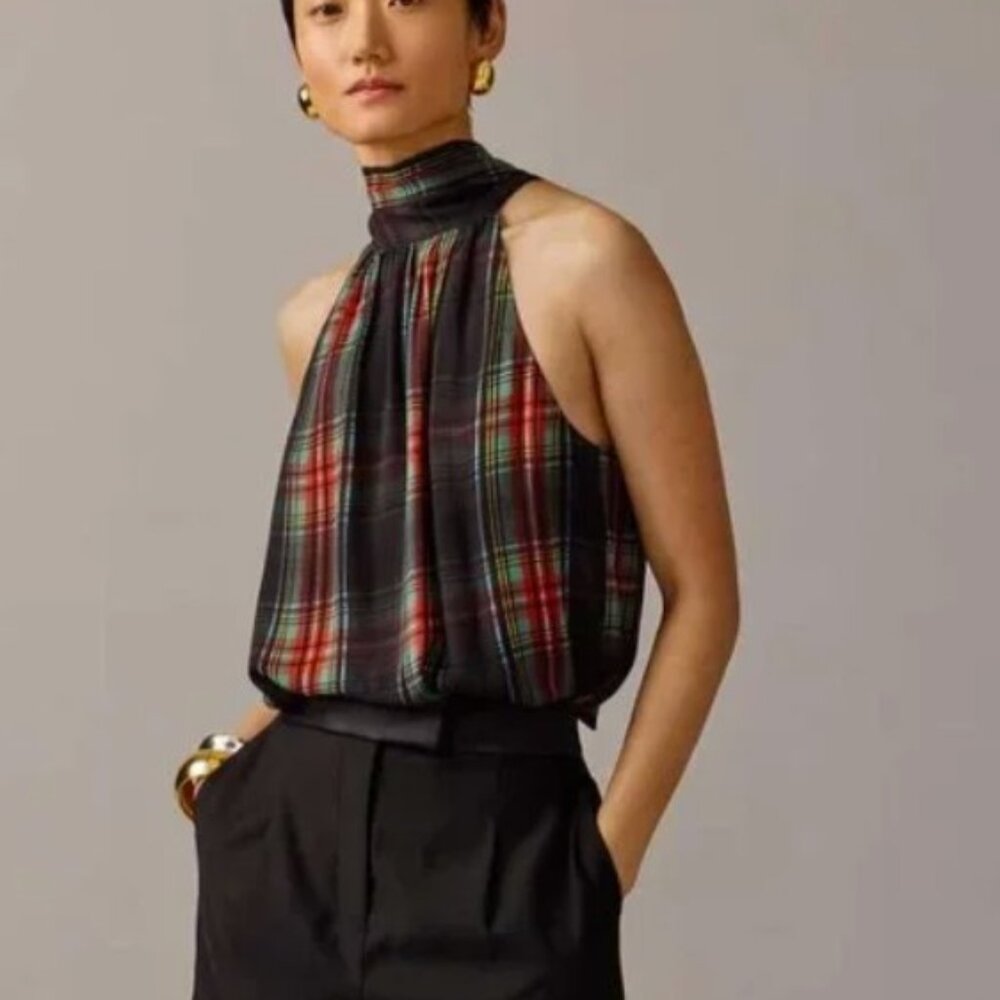 NWT! JCrew Stewart Tartan Chiffon Blend Halter Necktie Top - XXS
